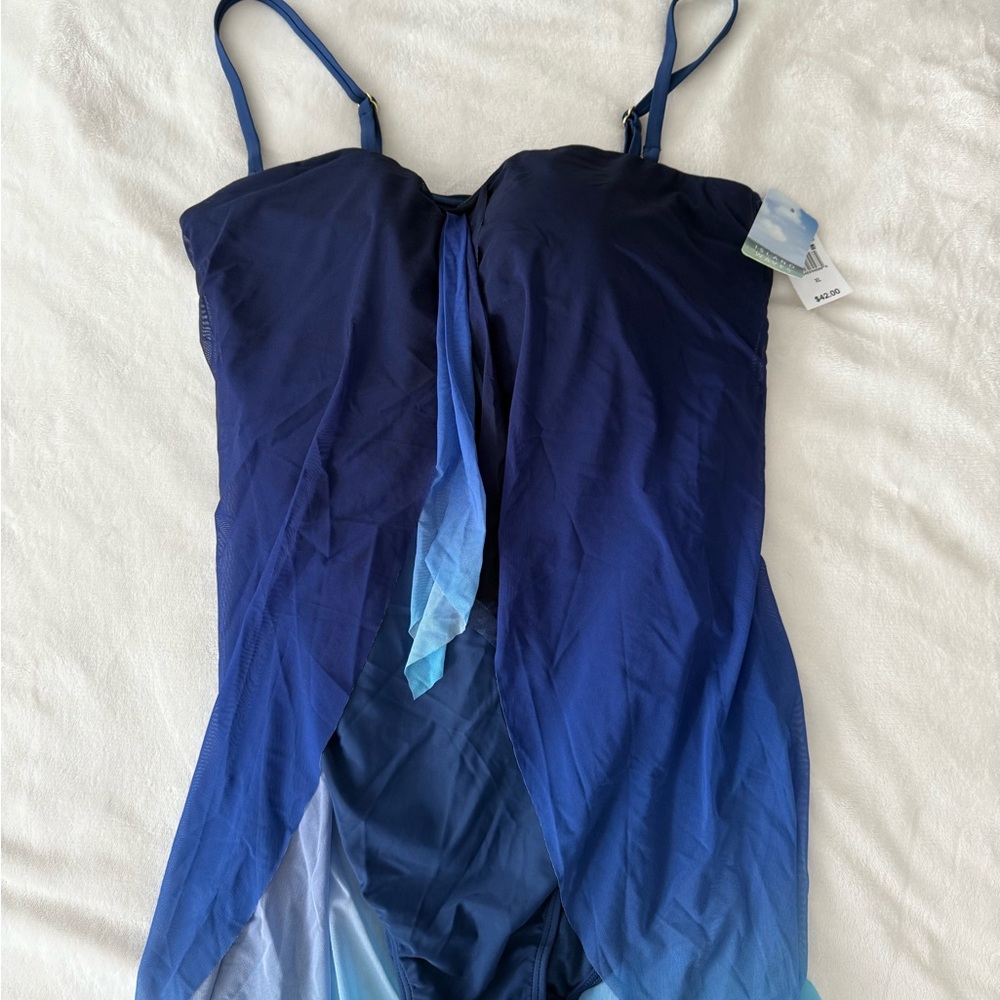 ISLAND WAVES SZ XL OMBRE BLUE FLY-AWAY FRONT ONE PIECE SWIM NEW E75